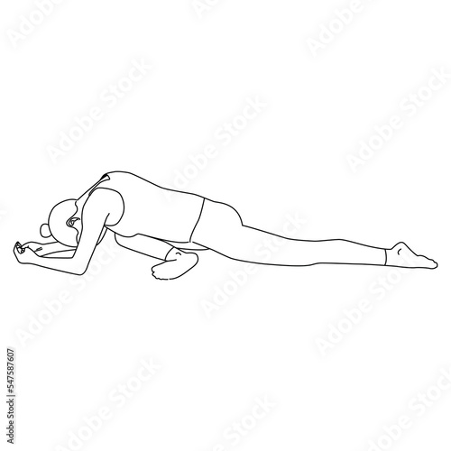 Line art of woman doing yoga in sleeping swan or pigeon pose forward bend vecrtor.