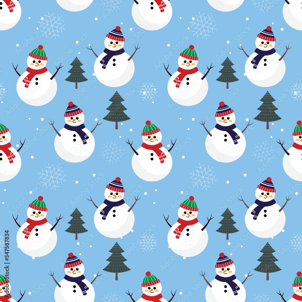 Snowman with scarf and beanie on crystal blue background christmas seamless pattern. Seasonal celebration abstract surface. Christmas character vector illustration.