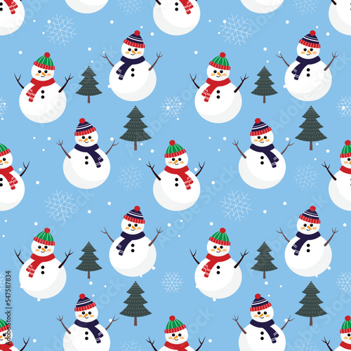 Snowman with scarf and beanie on crystal blue background christmas seamless pattern. Seasonal celebration abstract surface. Christmas character vector illustration.