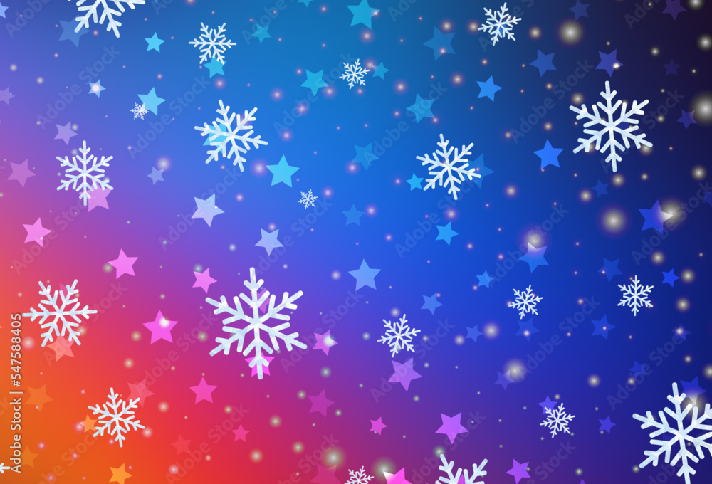 Light Blue, Red vector background with xmas snowflakes, stars.