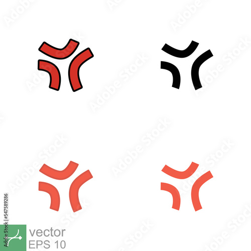 Anger symbol icon set. Simple solid, glyph, filled outline, line, flat style. Angry sign design, cartoon sticker, red emotion concept. Vector illustration isolated on white background. EPS 10.