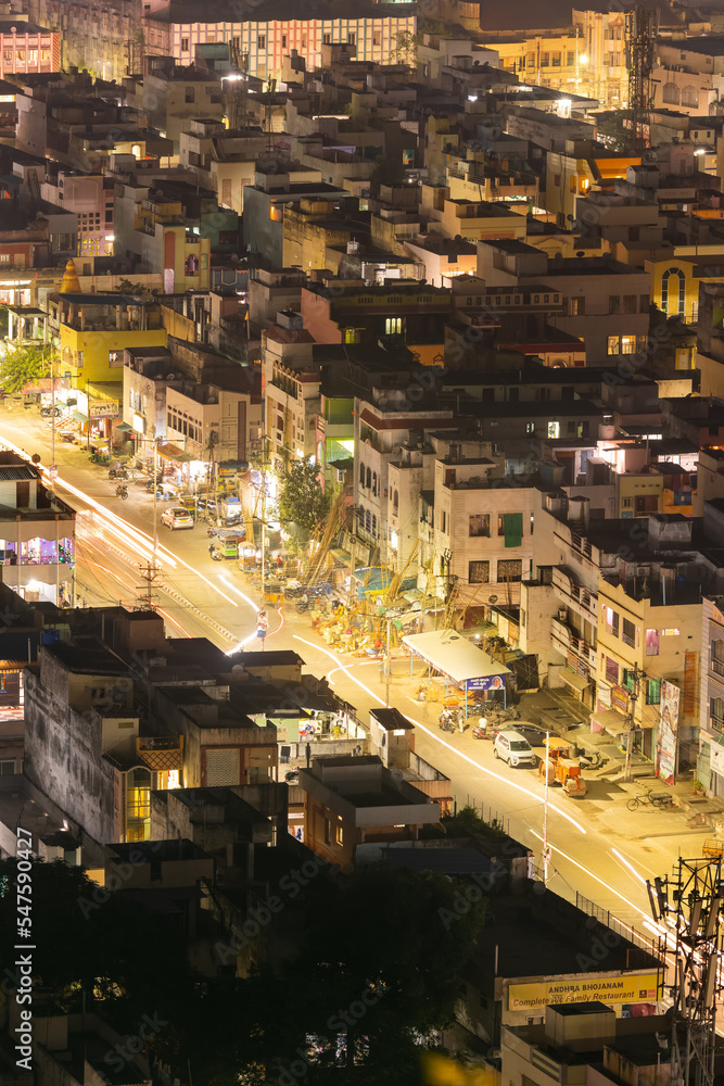 Naklejka premium Aerial view of buildings in night time, at Vijayawada city , India