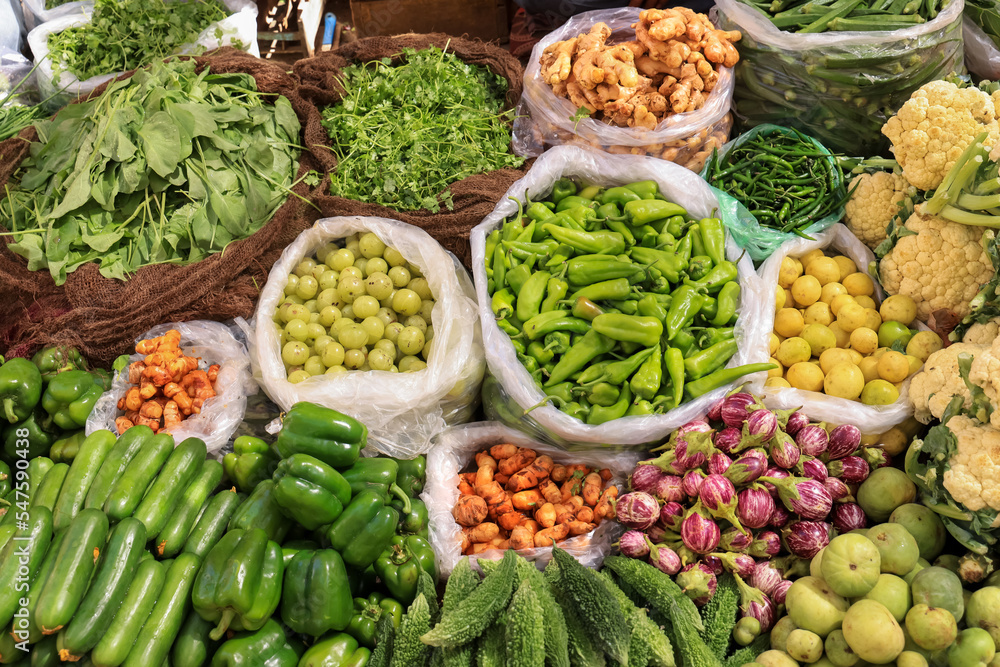 Fresh vegetables for sale in Indian street market.