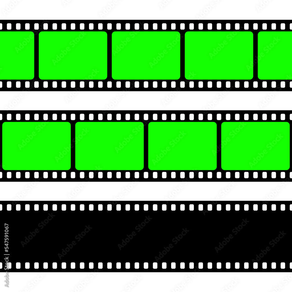 Realistic blank film strip, camera roll. Old retro cinema movie strip with green chroma key background. Analog video recording and photography. Visual effects compositing. Vector illustration