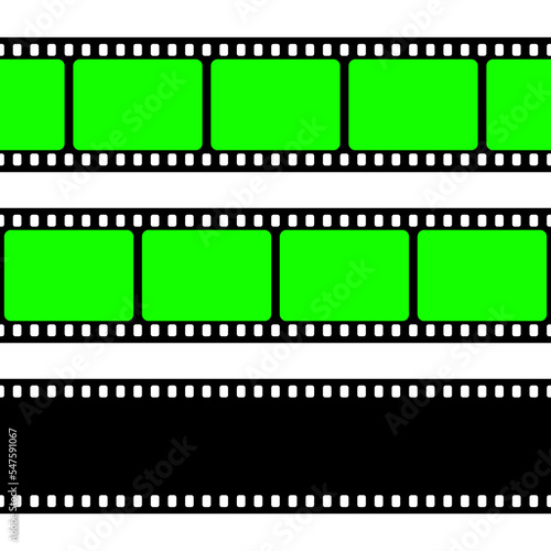 Realistic blank film strip, camera roll. Old retro cinema movie strip with green chroma key background. Analog video recording and photography. Visual effects compositing. Vector illustration