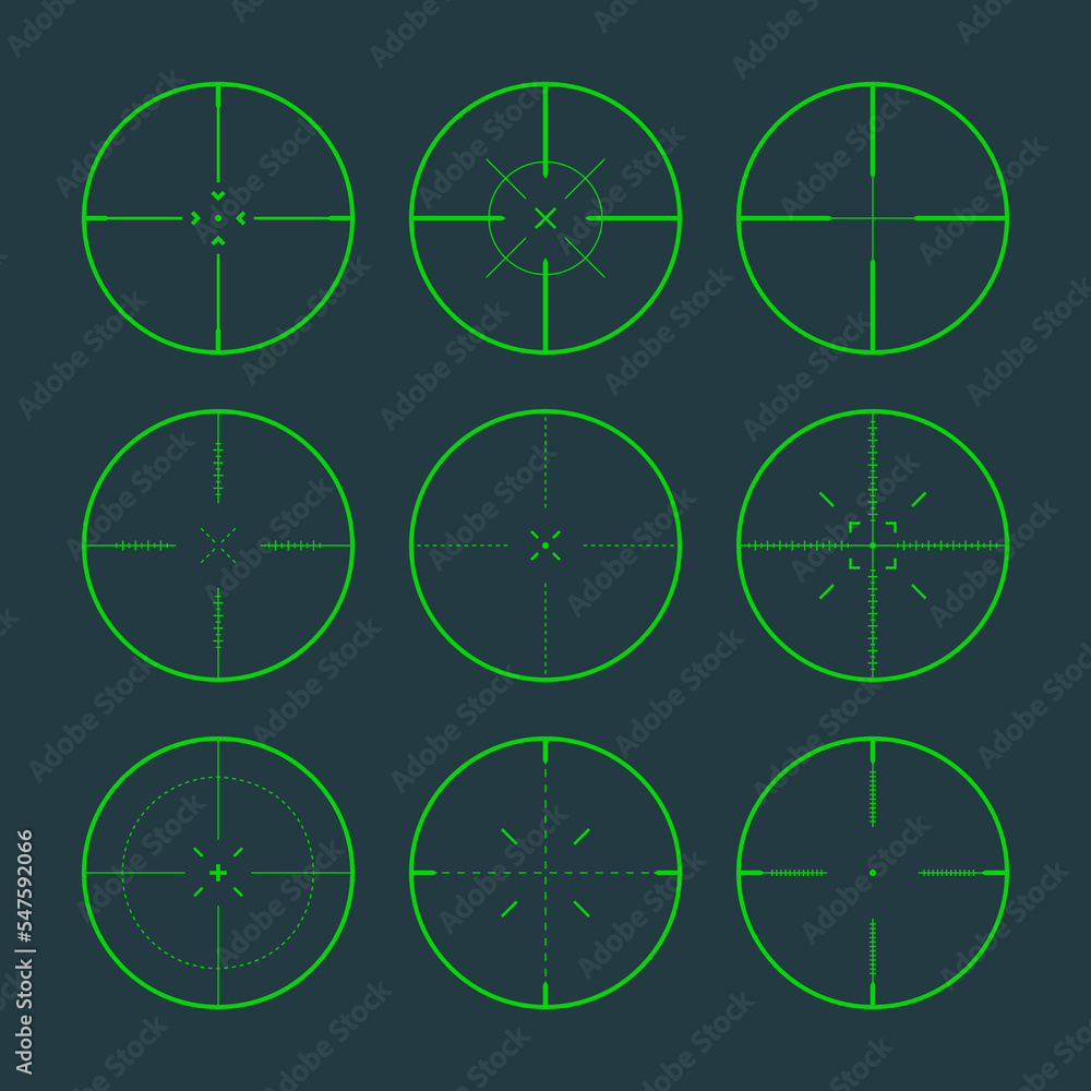 Various sniper rifle night sights, weapon optical scope crosshair. Hunting gun green viewfinder. Shooting mark symbol, aim. Military target sign. Game interface UI element. Vector illustration Various sniper rifle night sights, weapon optical scope crosshair. Hunting gun green viewfinder. Shooting mark symbol, aim. Military target sign. Game interface UI element. Vector illustration