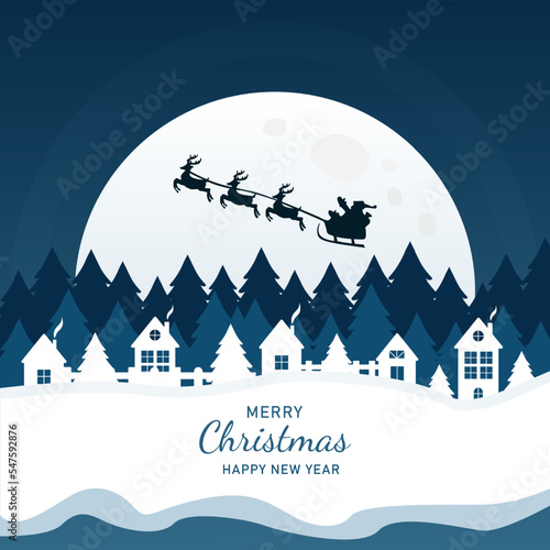 Santa Claus with sleigh and reindeer silhouette on a big full moon in the pine forest. Vector