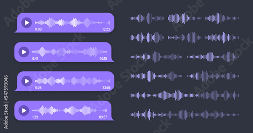 Voice, audio message, violet speech bubble. SMS text frame. Social media chat or messaging app conversation. Voice assistant, recorder. Sound wave pattern. Dark mode. Vector illustration