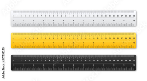Realistic various plastic rulers with measurement scale and divisions, measure marks. School ruler, centimeter and inch scale for length measuring. Office supplies. Vector illustration