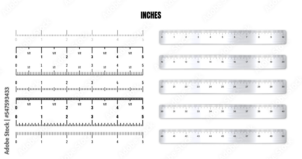 Realistic metal rulers with black inch scale for measuring length or