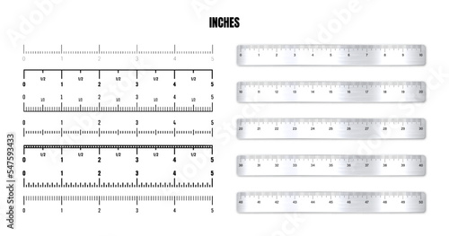 Realistic metal rulers with black inch scale for measuring length or height. Various measurement scales with divisions. Ruler, tape measure marks, size indicators. Vector illustration