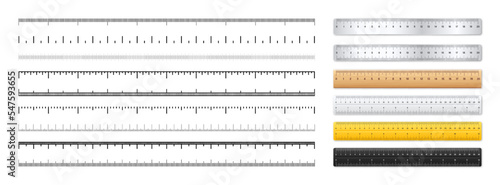 Realistic metal and plastic rulers. Measurement scales with divisions. Scale for measuring length or height in centimeters, inches. Ruler, tape measure marks, size indicators. Vector illustration