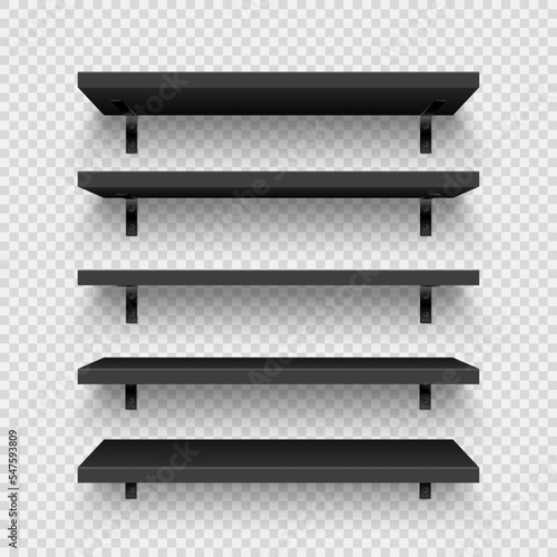Realistic black store shelves with wall mount. Empty product shelf, grocery wall rack. Mall and supermarket furniture, bookshelf. Modern interior design element, room decoration. Vector illustration