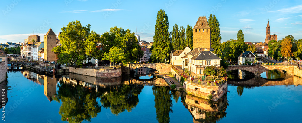 Picturesque panoramic view of Strasbourg overlooking Ponts Couverts with four towers in the historic Petite France district