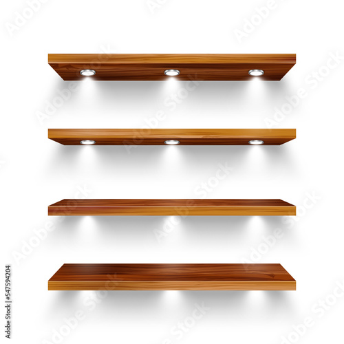 Realistic wooden store shelves with lighting, spotlights. Empty product shelf, grocery wall rack. Mall and supermarket furniture, bookshelf. Modern interior design element. Vector illustration