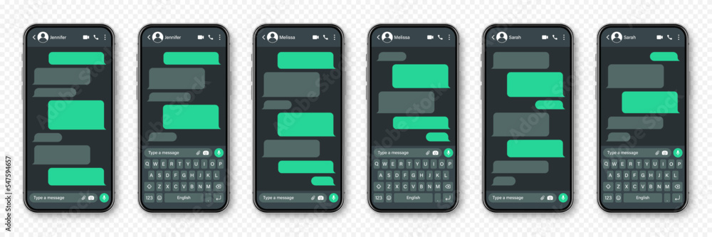 Realistic smartphone with messaging app. Blank SMS text frame. Conversation chat screen with green message bubbles. Social media application. Dark mode. Vector illustration Realistic smartphone with messaging app. Blank SMS text frame. Conversation chat screen with green message bubbles. Social media application. Dark mode. Vector illustration