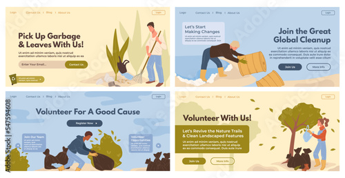 Web banner set with volunteer cleaning at park