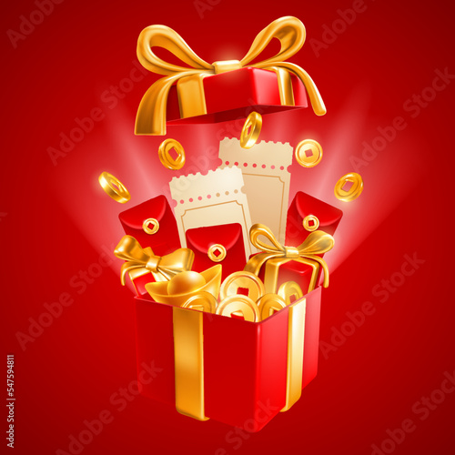 Coupons, Chinese golden coins, red envelopes and other surprises flying out from big gift box with luxury bow. New year sale advertising template. Vector 3d illustration