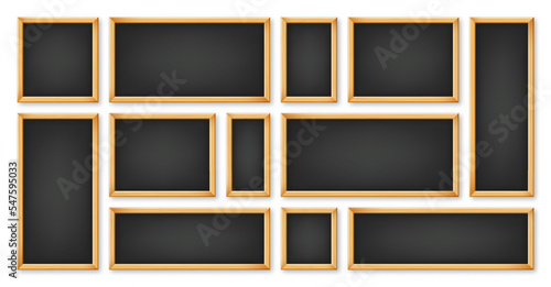 Realistic various chalkboards in a wooden frame. Black restaurant menu board. School blackboard, writing surface for text or drawing. Blank advertising or presentation boards. Vector illustration