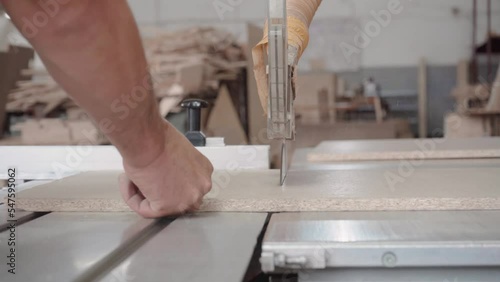 Factory worker cuts a tree with a circular saw. Chipboard sawdust is flying