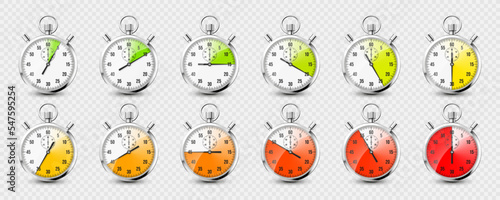 Realistic classic stopwatch icons. Shiny metal chronometer, time counter with dial. Red countdown timer showing minutes and seconds. Time measurement for sport, start and finish. Vector illustration