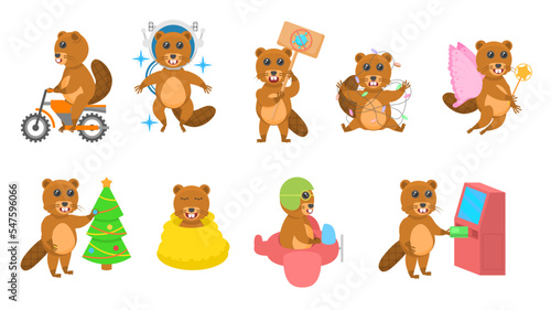 Big Set Abstract Collection Flat Cartoon Different Animal Beavers Vector Design Style Elements Fauna Wildlife
