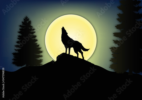 A wolf howling on a full moon night