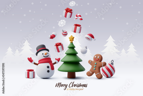 Snowman and cookie celebrate new year party with Christmas tree, Merry Christmas and happy new year greeting concept.