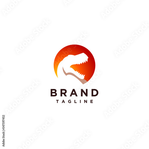 Tyrannosaurus Rex Head Silhouette inside Sunrise Circle Scheme Logo Design. Tyrannosaurus Silhouette inside Circle Logo Design.