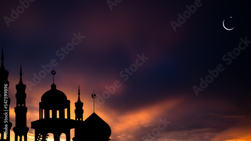 Photography Mosques Dome,Crescent Moon on Sunset Twilight Sky Background,Islamic New Year Muharram,Islamic Religion Symbols Ramadan and Arabic,Eid al-Adha,Eid al-fitr,Mubarak,Kareem Holy Muslim,Mubarak God