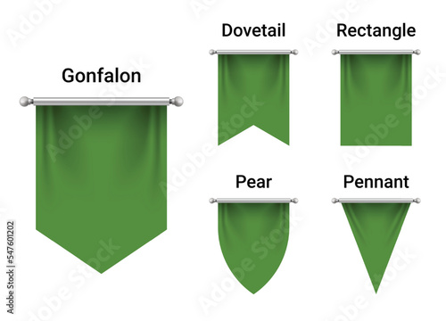 Set of Dark Green Flags mockup isolated on white background. Empty 3D Pennant Blank. Realistic Illustration.