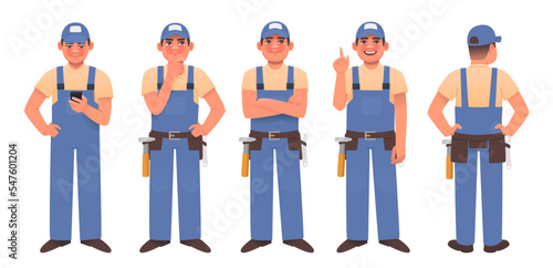 Handyman character set. Happy man in work overalls in different poses and actions. Repairman or locksmith. Vector illustration