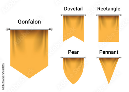 Set of Golden Yellow Flags mockup isolated on white background. Empty 3D Pennant Blank. Realistic Illustration.