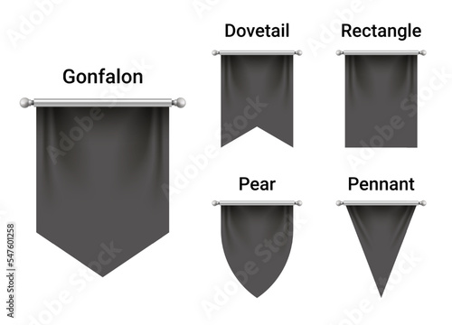 Set of Black Flags mockup isolated on white background. Empty 3D Pennant Blank. Realistic Illustration.