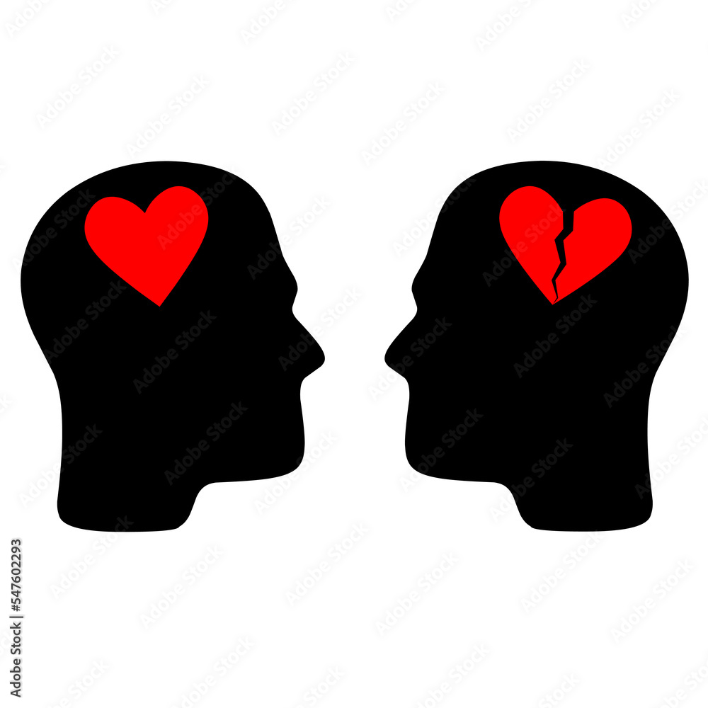 Vector illustration of two human heads with a red heart and a broken heart on a white background. Concept of human thinking full of love and compassion.