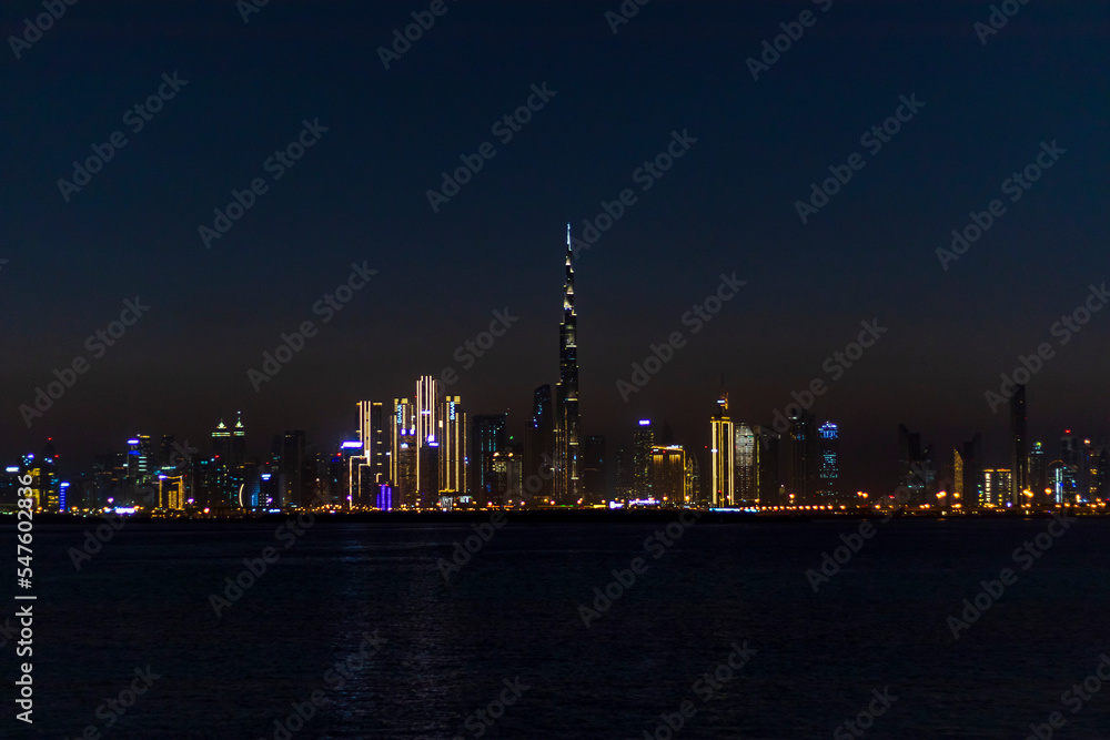 Dubai, UAE - 10.07.2022 View of Dubai skyline, shot made from Dubai creek harbor. City