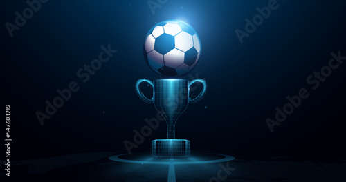 Football, Soccer with Championship Trophy. Trophy forms lines and triangles, point connecting network on blue background. Illustration vector