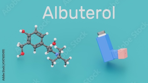 Salbutamol, also known as albuterol  - medication that opens up the medium and large airways in the lungs. Albuterol molecule and inhaler. 3d illustration  photo