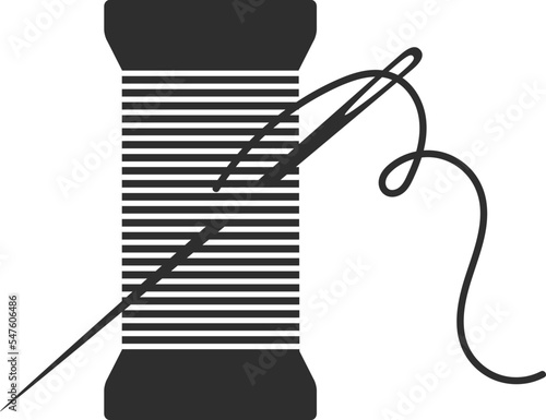 Needle and spool silhouette icon vector illustration. Black bobbin silhouette with outline needle and thread isolated on white background. Machinery spool instrument, fashion tailor logo graphic