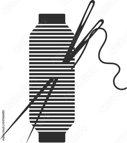Needle and spool silhouette icon vector illustration. Black bobbin silhouette with outline needle and thread isolated on white background. Machinery spool instrument, fashion tailor logo graphic