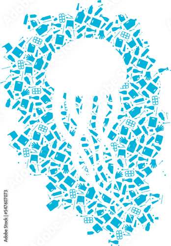 Jellyfish plastic trash planet pollution concept vector illustration. Ocean animal outline cut in plastic waste flat icon patch. Environmental protection concept, microplastic pollution problem graphi