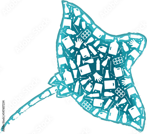 Ray plastic waste ocean environment problem concept vector llustration. Marine animal silhouette filled with plastic garbage flat icons. Microplastic pollution problem, single use plastic crisis.
