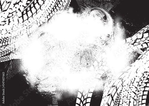 Vector Print Textured Tire Track banner. Design Element . Car tread silhouette . Mud splash grunge texture. Drift show