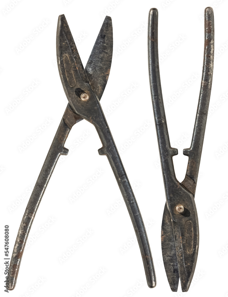 old vintage rusty heavy duty snips tin and metal cutting scissors for  straight cut and wire cut. iisolated on a transparent background Stock  Photo
