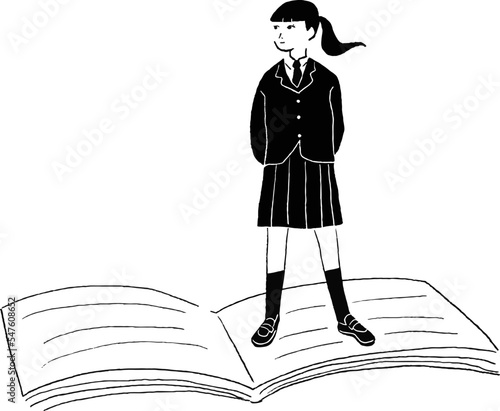 本と女子高生の全身ベクター線画