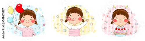 Set of Happy Birthday Party illustrations with girl, balloons, cakes, candles, confetti and whistle. Cute asian style drawing vector isolated illustrations. 