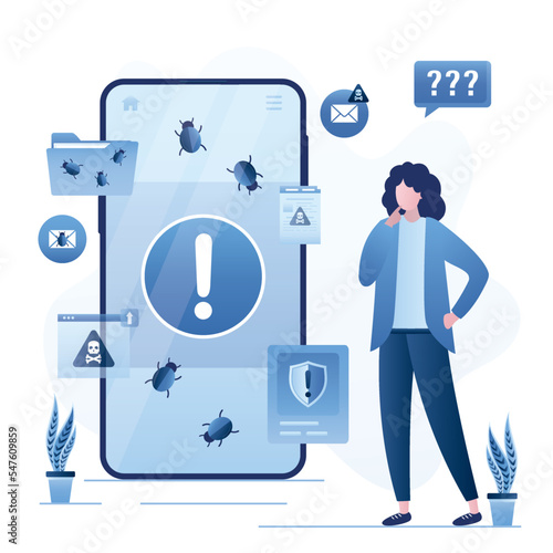 Unhappy woman user. Hacker attack smartphone, scam, spam. Report about bugs. Customer complaints. Cybercrime, malware. Problems of bugs or viruses in mobile operating system or software