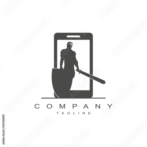 Knight with sword ,shield and mobile phone. Cyber security logo design isolated on white background.