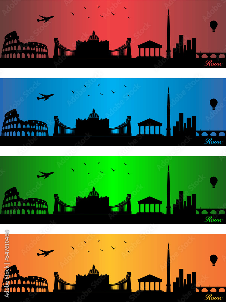 Rome city in a four different colors - illustration, 
Town in colors background, 
City of Rome
