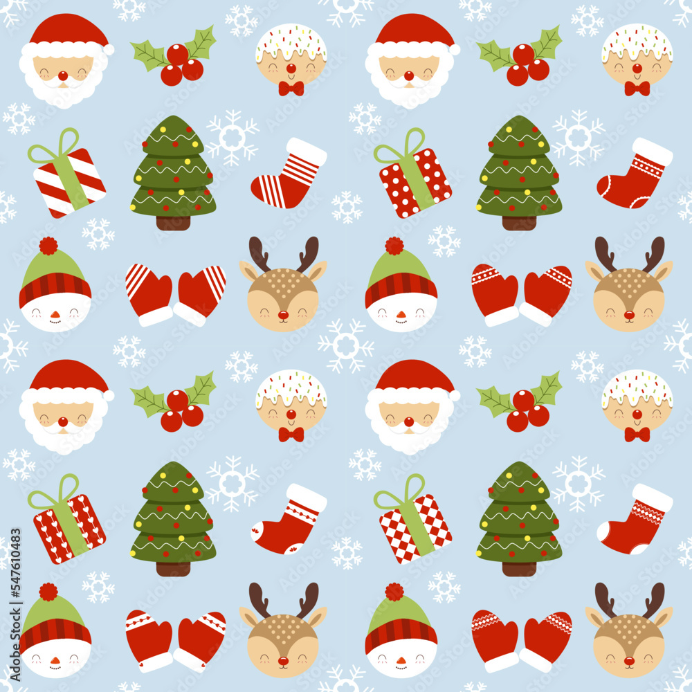 Seamless vector pattern for winter Merry Christmas and Happy New Year with Santa Claus, snowman, reindeer, Christmas tree, flower, gingerbread, gift, socks, gloves, and snowflakes on blue background